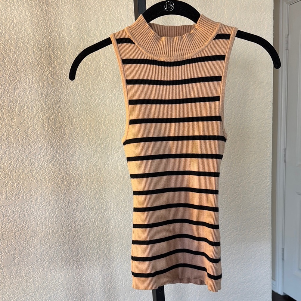 Tan and Black Fitted Ribbed Tank Top with Mock Neck